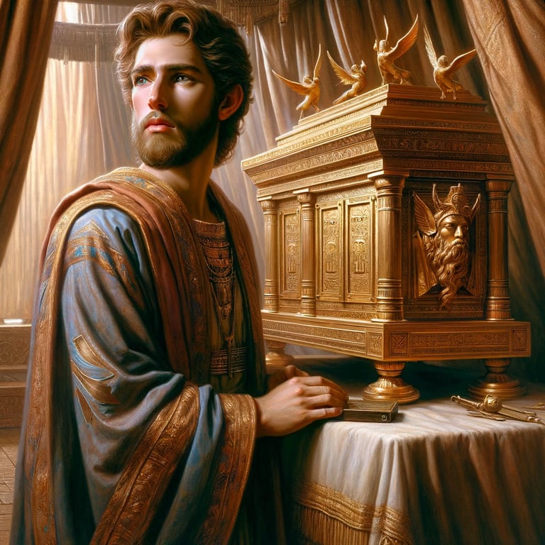 a man in a robe and a crown on a table
