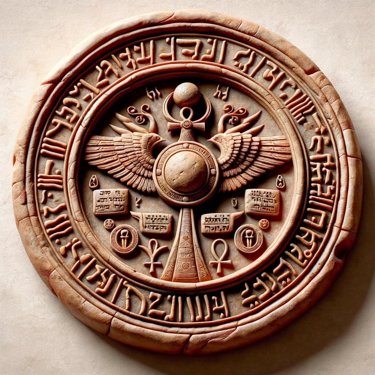 a circular stone plaque with a bird on it