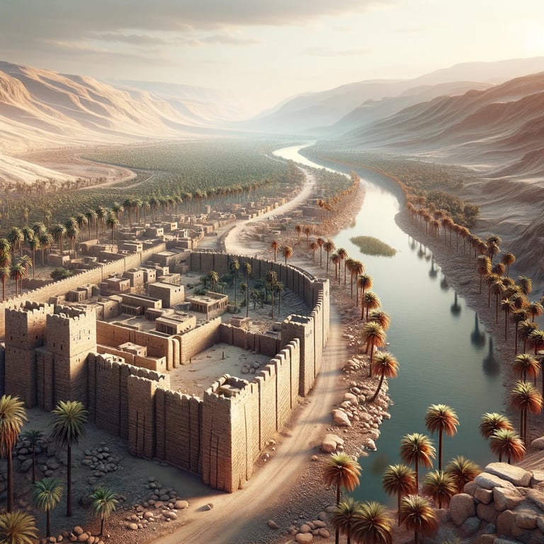a large city with a river and palm trees