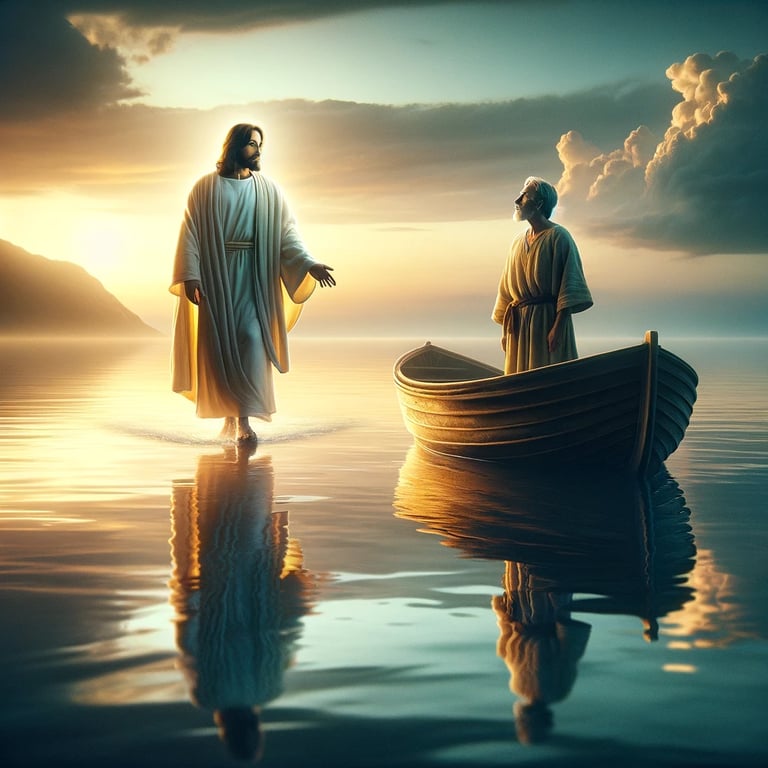 jesus walking on the water with a boat