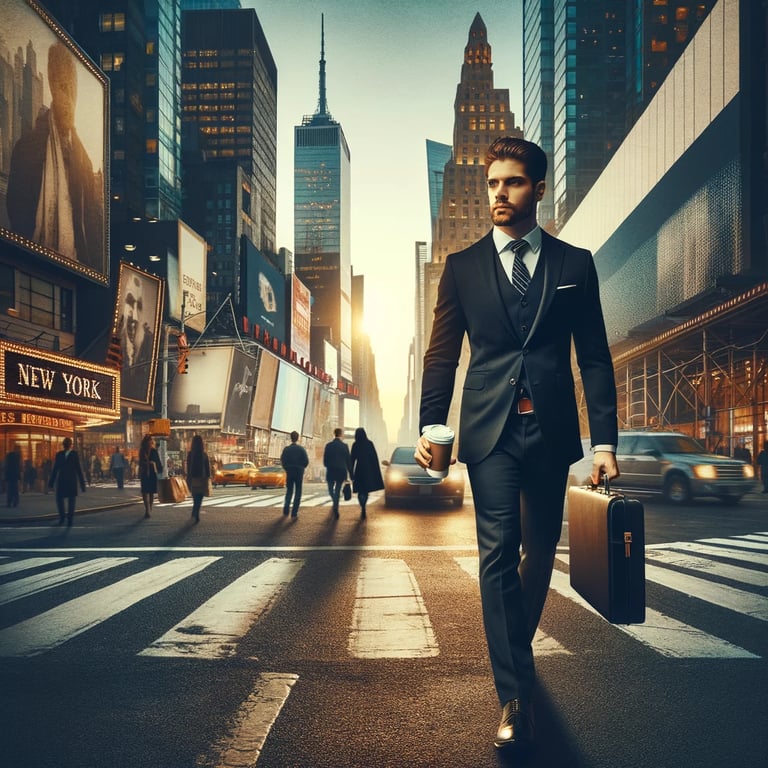 a man in a suit and tie walking across a city street