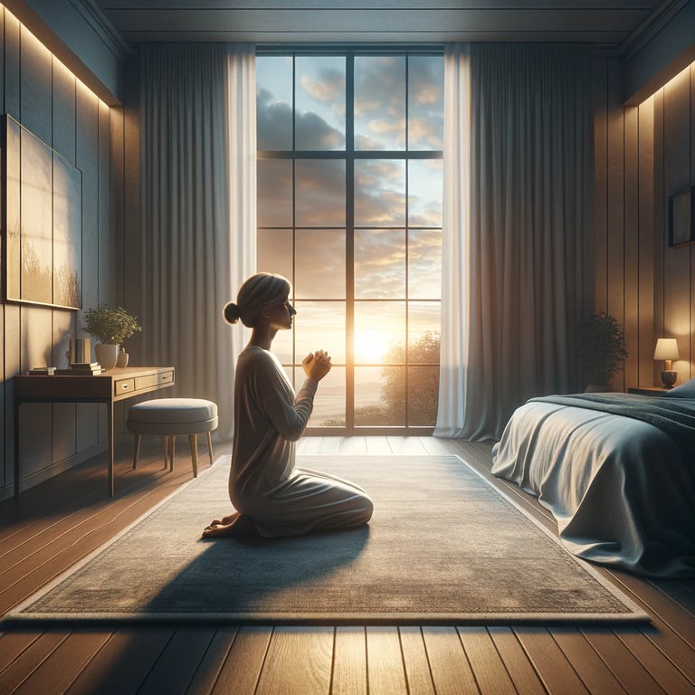 a woman sitting on a rug in a bedroom