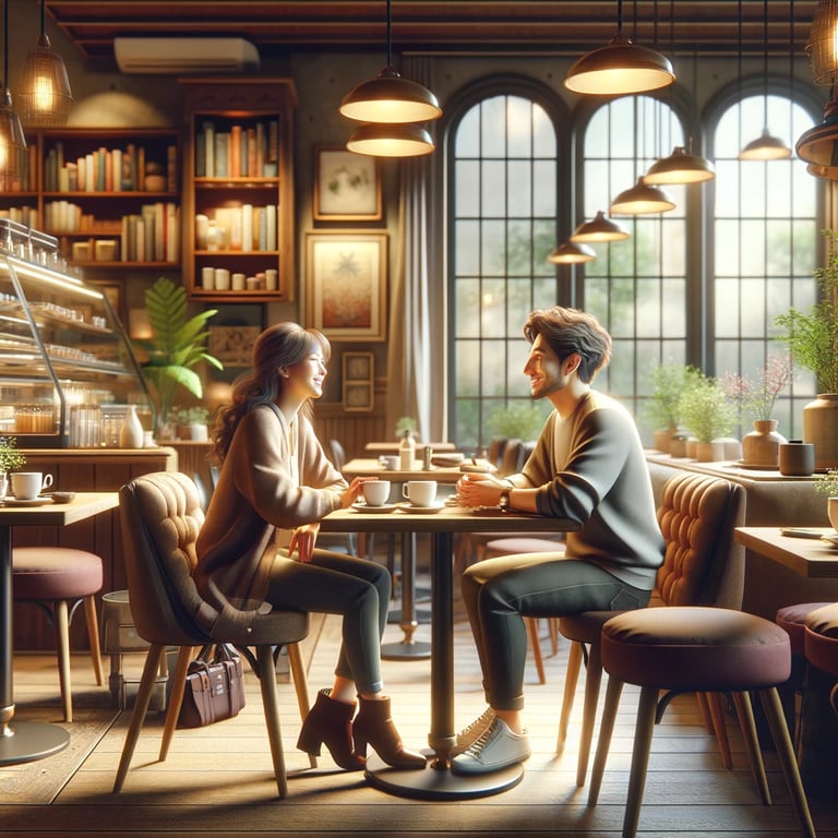 a couple sitting at a table in a restaurant