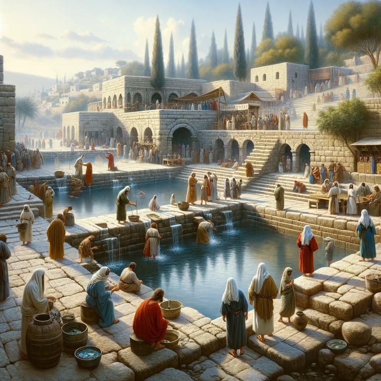 a painting of a group of people sitting on a stone wall