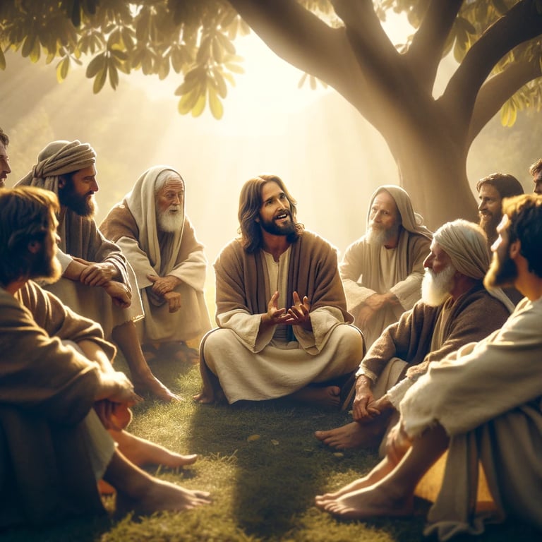 Jesus sitting in a circle with a group of people