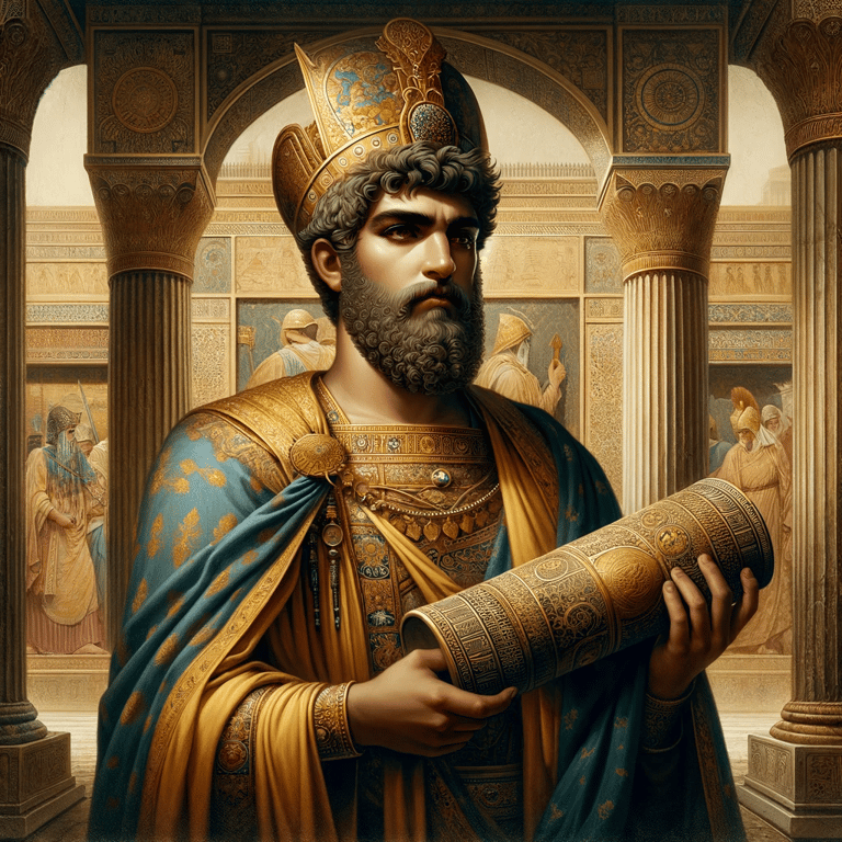 Ciro in a crown and a crown on a throne