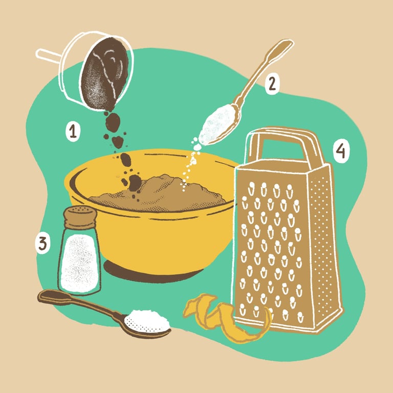 a bowl of a food mix with a grater, salt, coffee and spoons