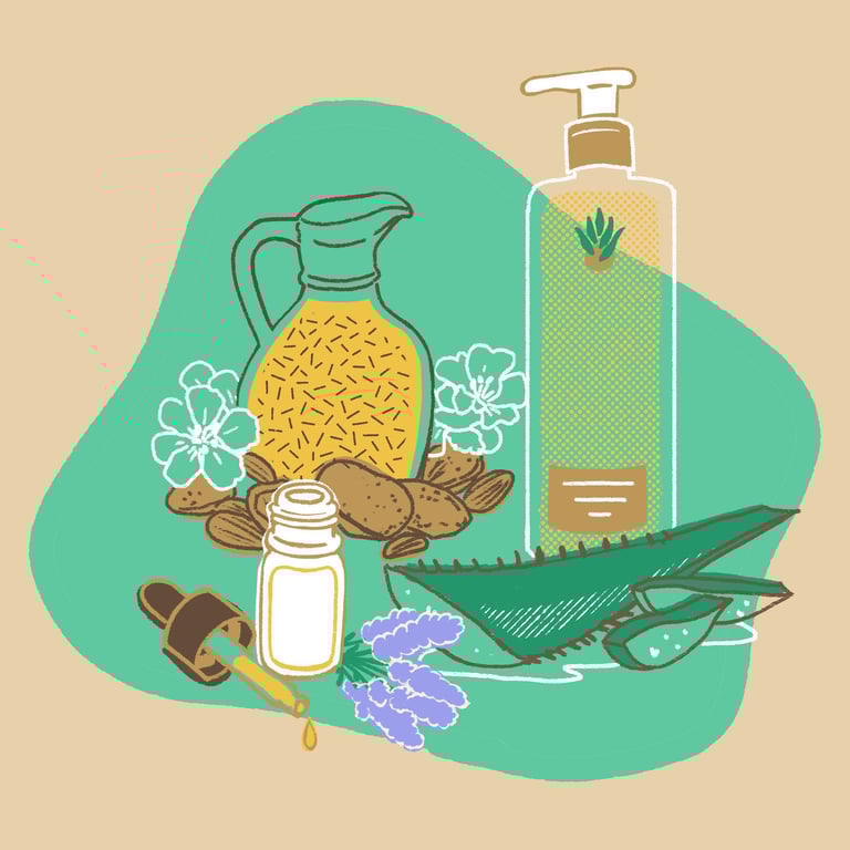a bottle of almond oil, aloe vera, lavender and cosmetics