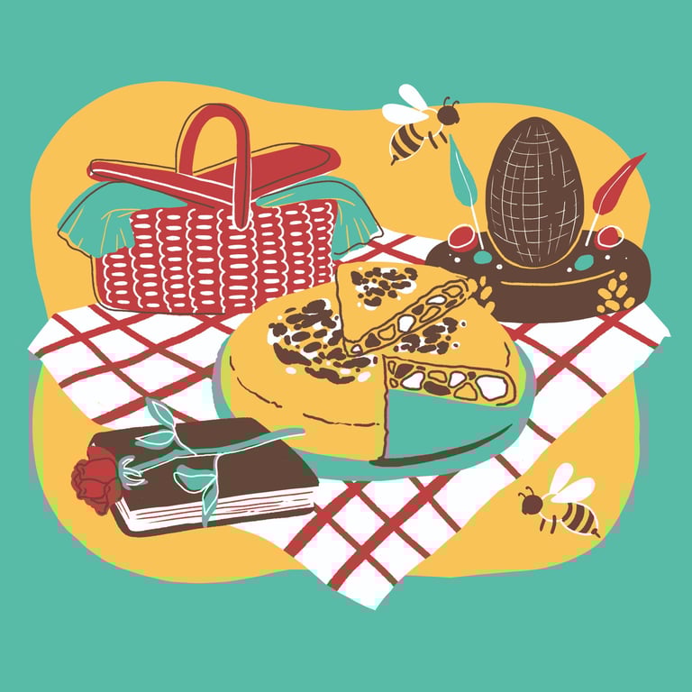 Spanish potato omelette, a rose on a book, a picnic blanket and a chocolate cake