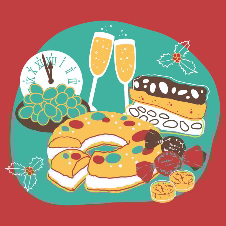 christmas sweets on a table with champagne, turrón, a clock and some grapes