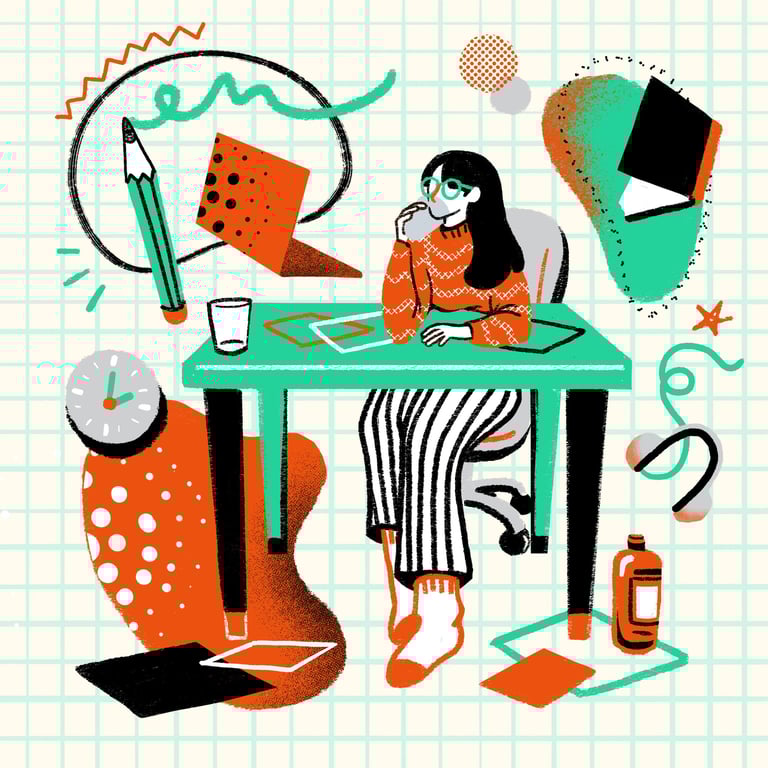 a woman sitting at a desk with a laptop and a notebook