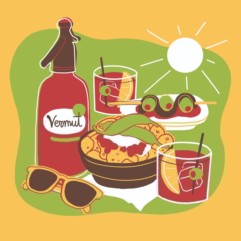 a table with vermouth, bravas chips, olives, tapas an a pair of sunglasses on a sunny day