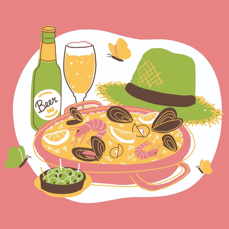Spanish paella, a beer, a sunhat, olives tapa and some butterflies on a pink background