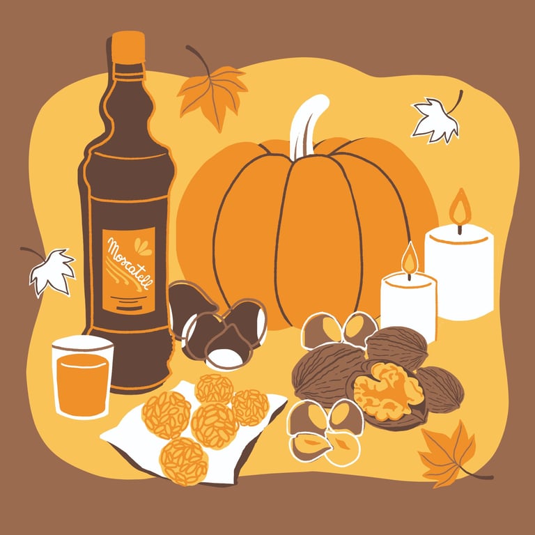 autumn snacks: walnuts, hazelnuts, chestnuts, leaves, a pumpkin and some candles