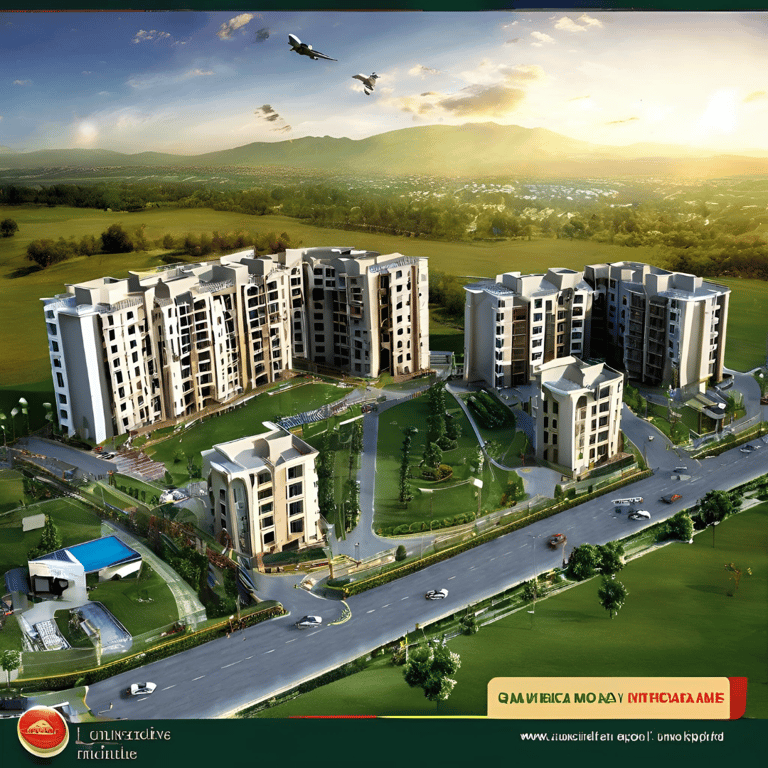 a large apartment building with a plane flying over a green field