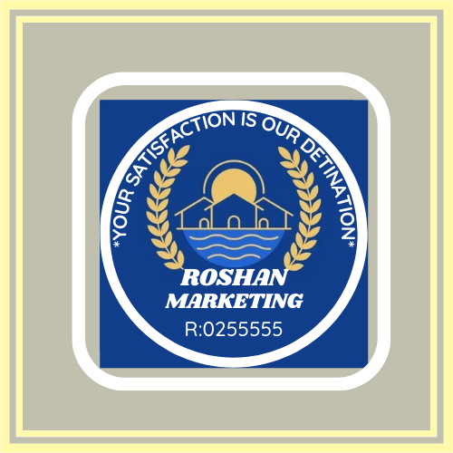 a blue and white sign that says roshan marketing