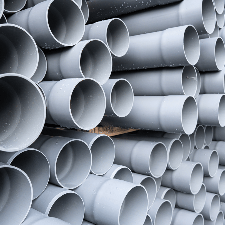 a stack of plastic pipes and pipes in a pile