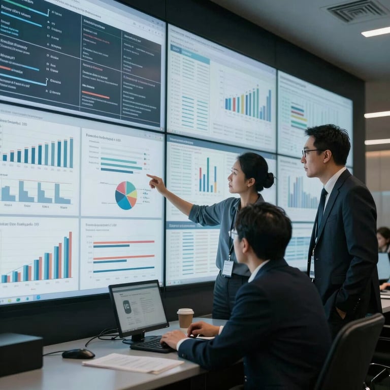 A team of consultants reviewing data on large screens in a high-tech command center, showcasing a results-oriented focus.