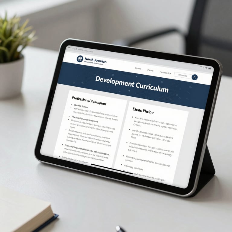 Close-up of a tablet displaying a professional development curriculum in a clean, minimalist North American office setting.