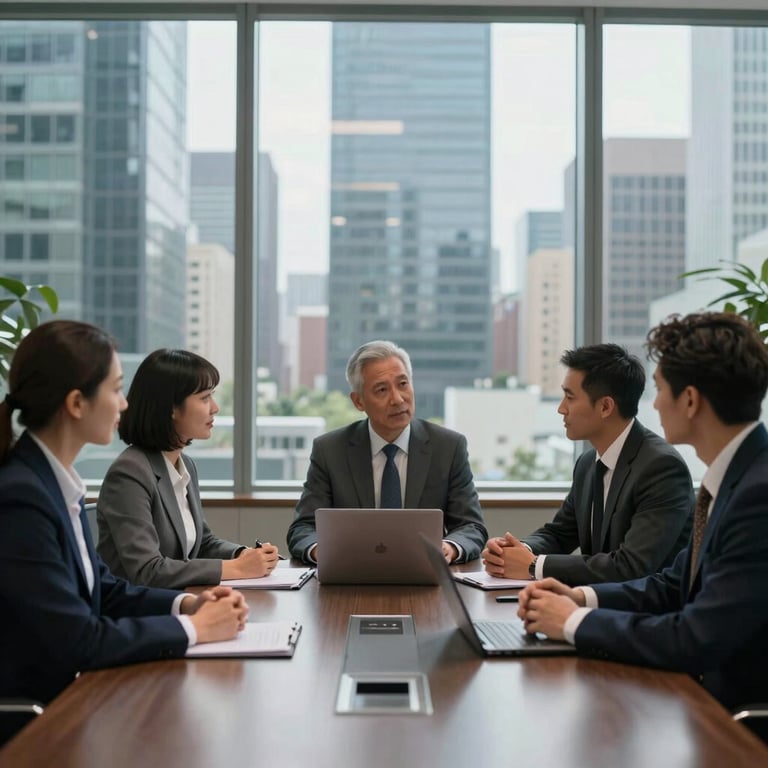 A group of diverse professionals in business attire collaborating around a sleek conference table in a US corporate skyscraper.