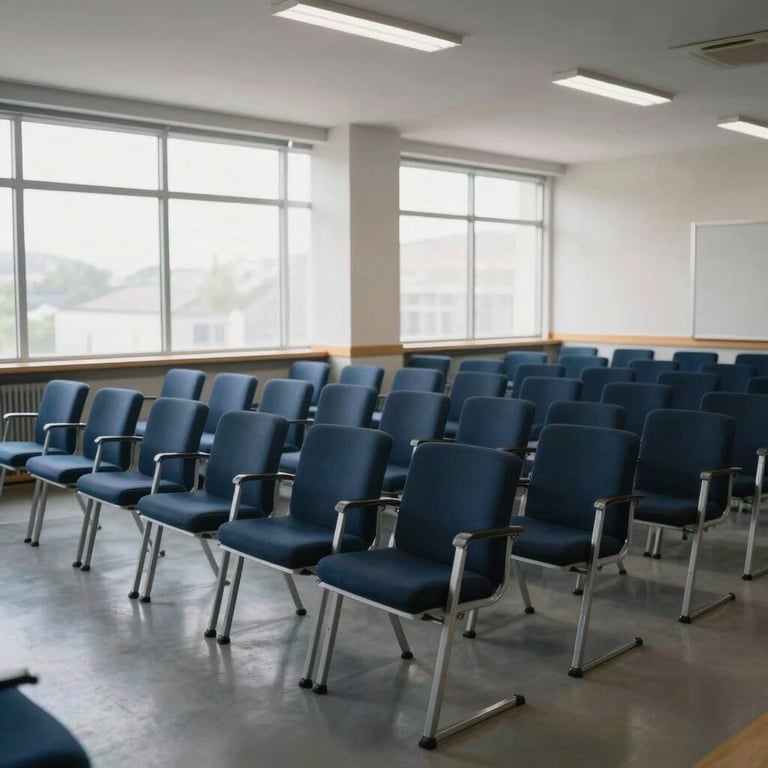 Interior shot of a sophisticated training hall with Midnight Navy seating and bright, natural light from large windows.