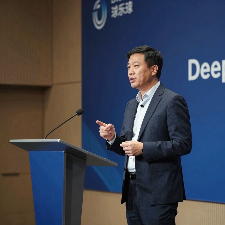 A business leader delivering a keynote presentation in a modern auditorium with Deep Sea Blue branding elements.