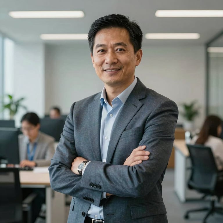 A sharp, professional portrait of a business educator in a modern North American office environment with Steel Blue Gray accents.