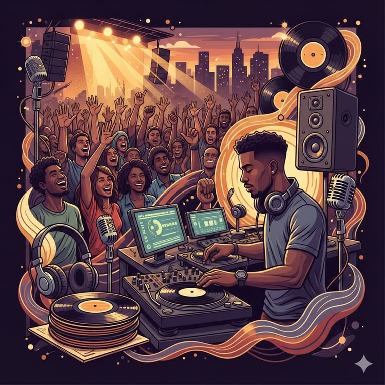 Professional DJ mixing vinyl records at a live music concert with a cheering crowd and city skyline background.