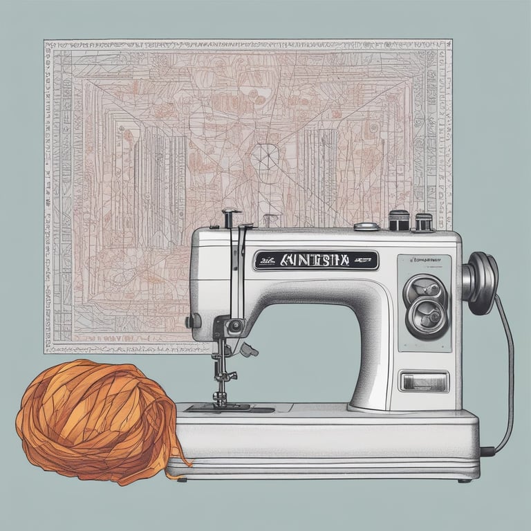 A cluttered workshop filled with various tools, fabrics, and materials. Shelves are lined with spray cans, paint, and folded pieces of clothing. A sewing machine is positioned on the central worktable, with a person sitting and working nearby. The walls are adorned with artworks, hanging garments, and organized racks of clothing.