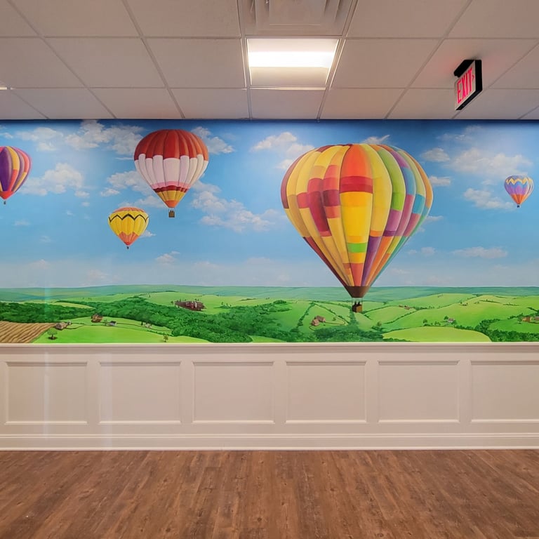 bespoke mural of hot air balloons by marcine for a residential adult facility in warrren, nj