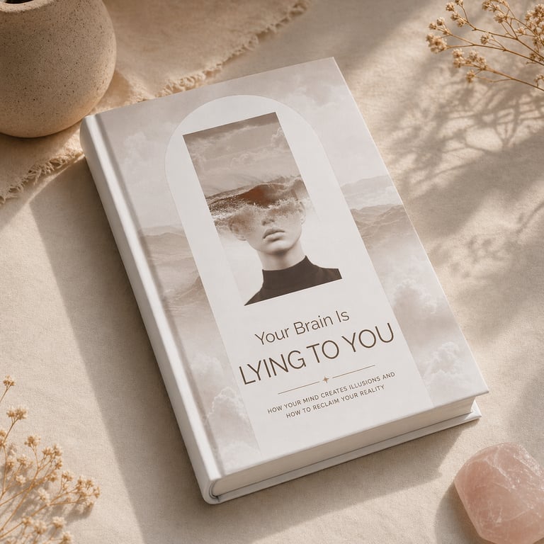 A hardcover book titled Your Brain Is Lying To You on a neutral aesthetic background with dried flowers.