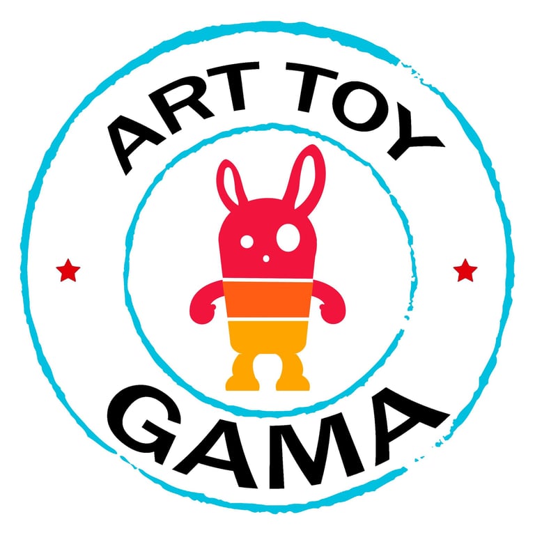 Art Toy Gama logo featuring a colorful gradient character inside a circular stamp with stars.