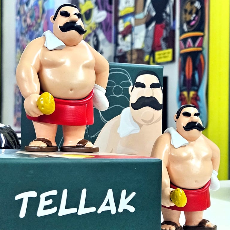 Tellak vinyl toy figure with mustache, red towel, and bath accessories on display box.