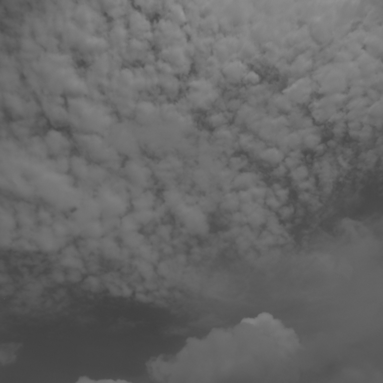 A sky covered with textured black-and-white clouds.
