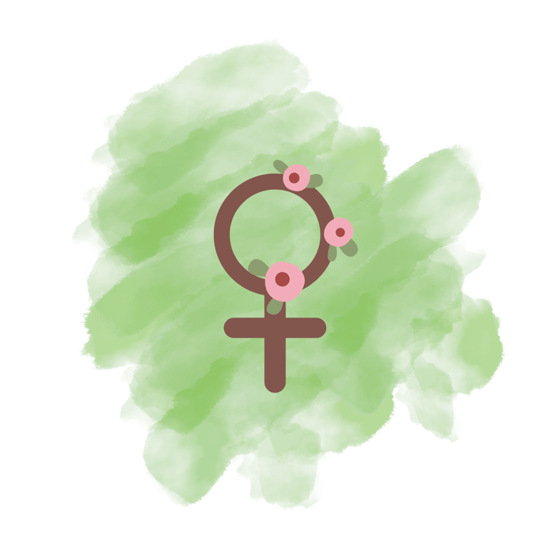 Female gender symbol with pink flowers on a green watercolor background.