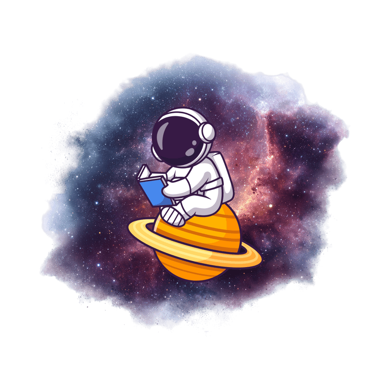 Cute cartoon astronaut sitting on Saturn reading a book in a purple galaxy nebula.