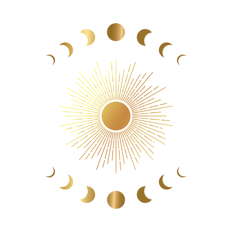 Golden celestial sun with moon phases and sunburst rays on a black background.