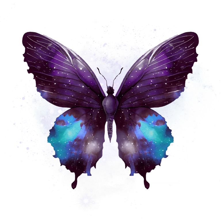 Purple and blue galaxy butterfly artwork with nebula wing patterns and celestial stars on a black background.