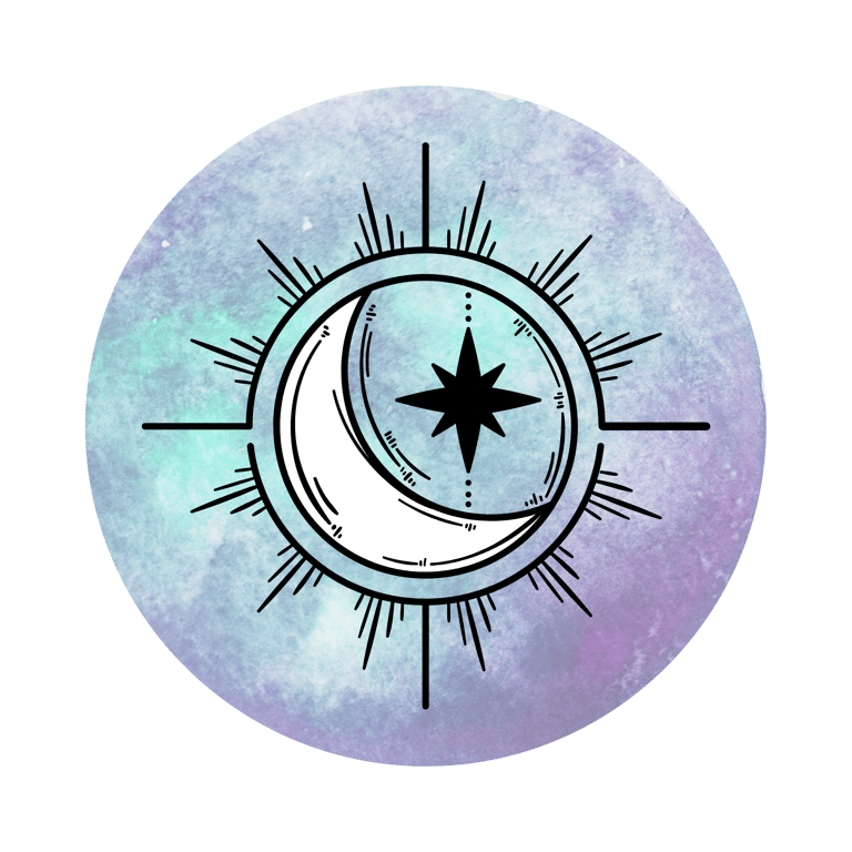 Celestial watercolor graphic featuring a white crescent moon and star on a purple galaxy background.
