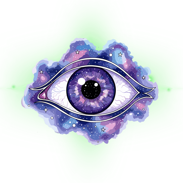 Cosmic eye illustration with a galaxy nebula iris and stars on a black background.