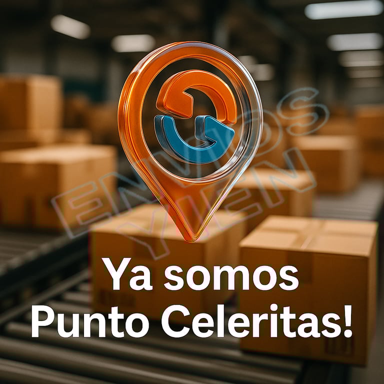 "Logo 3D de Celeritas y cajas. ENVIOS YIEN es nuevo Punto Celeritas en Madrid."