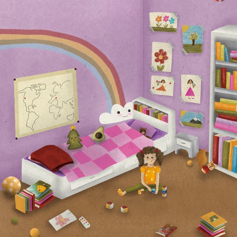 a child's room with a bed and a toy