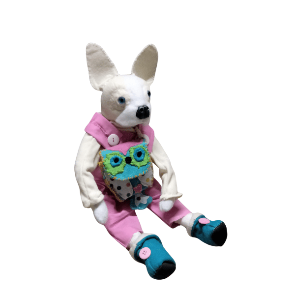 white and cream jointed Boston Terrier dog plush