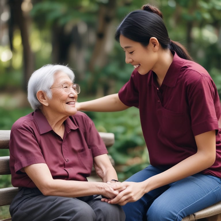 A caregiver assisting a senior in a cozy home setting.