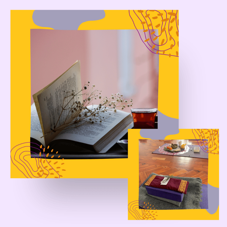 Two images of an open book with dried flowers and tea and a yoga studio in Lisbon, Portugal.