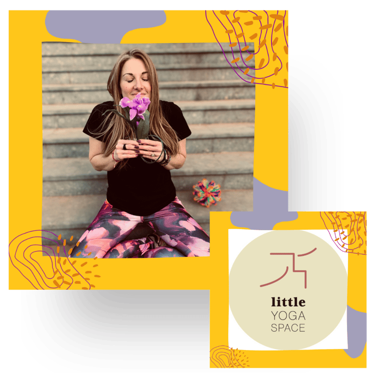 Kids yoga teacher holding a silk flower and inhaling with eyes closed and Lisbon studio logo.