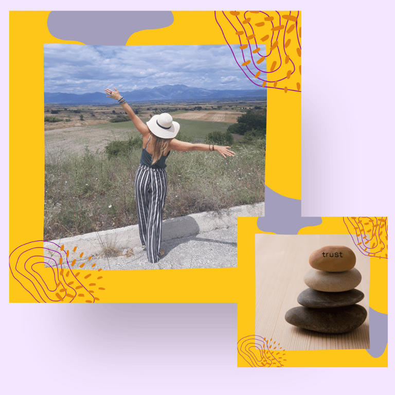 A woman with the arms spread wide in the outdoors and zen stones with the word 'trust'.