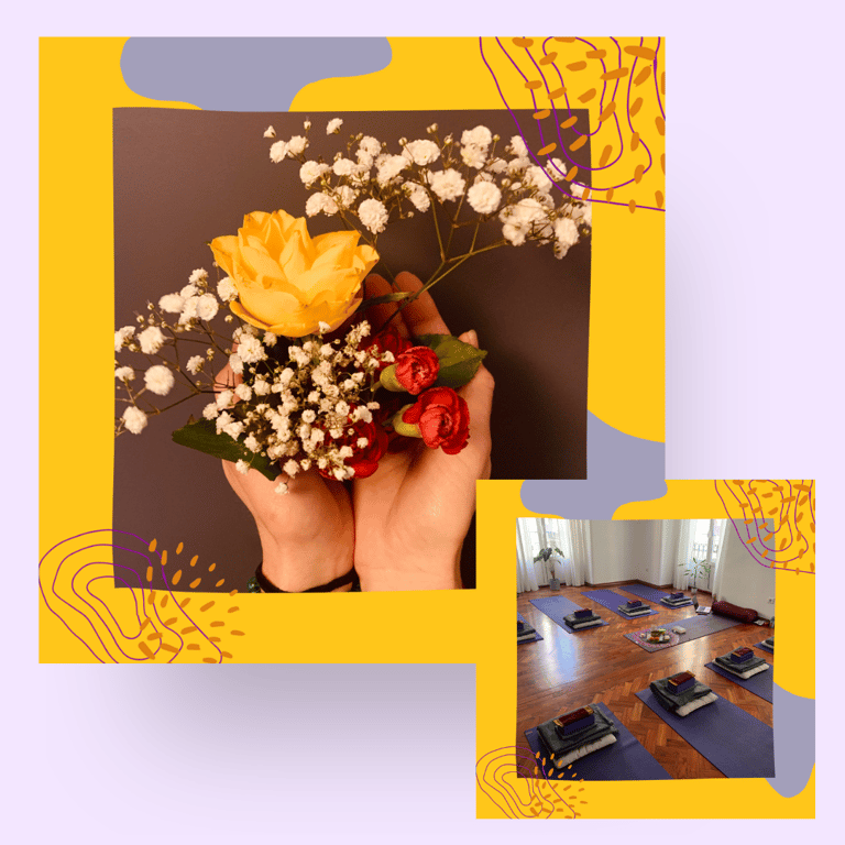 Two images of a woman's hands holding flowers and Little Yoga Space Lisboa yoga studio in Lisbon.