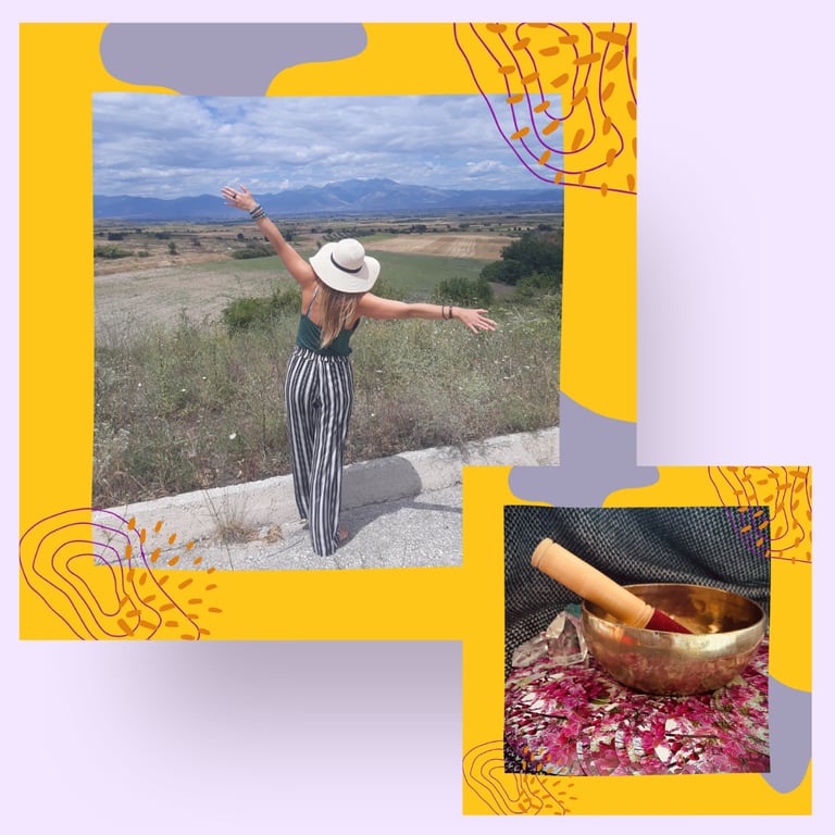 A woman with the arms spread wide in the outdoors and a tibetan bowl with crystals.