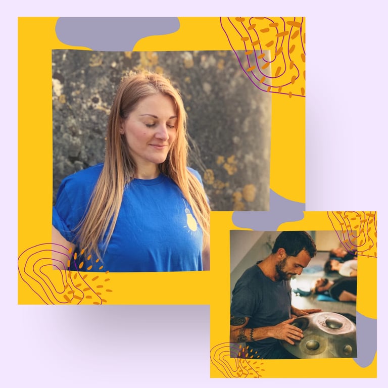 Two images of a person leaning against a wall with eyes closed and a musician with a handpan.